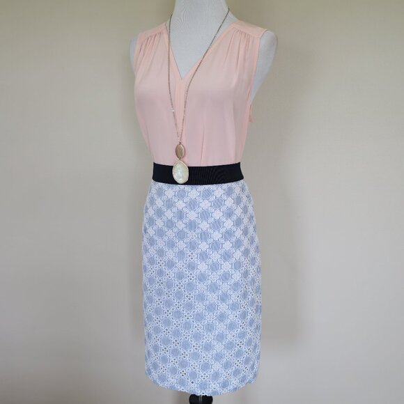 BANANA REPUBLIC Size 4 Blue Pink Skirt Blouse Set Career Eyelet Silk - Picture 1 of 12